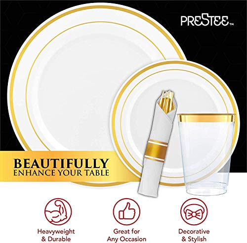 Prestee 350 Pc Disposable Dinnerware Set for 50 Guests - Gold - Reusable Party Supplies Set incl. 50 of Dinner Plates, Salad Plates, Knives, Forks, Spoons and Cups, Wedding Reception Supplies