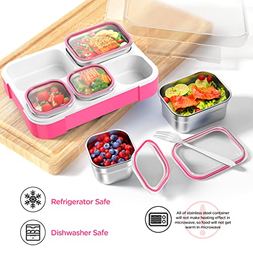 DaCool Stainless Steel Lunch Box Bento for Kids Adults Leakproof BPA-Free Metal Lunch Containers Tray 5-Compartment with Fork for Girls Food Snack Containers for School Outdoors, Pink