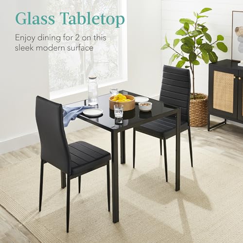 Best Choice Products 3-Piece Glass Dining Set, Modern Kitchen Table Furniture for Dining Room, Dinette, Compact Space-Saving w/Glass Tabletop, 2 Upholstered PU Chairs, Metal Steel Frame - Black