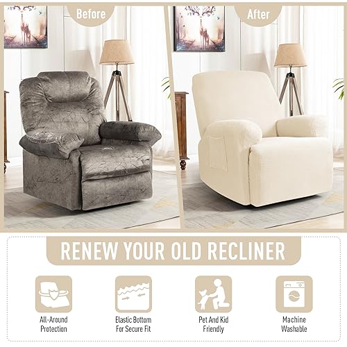TAOCOCO Recliner Cover 4-Pieces, Recliner Stretch Sofa Slipcover Recliner Cover 1 Seat Couch Protector Soft Furniture Protector Covers with Elastic Chair Covers Jacquard Pattern Pale Brown