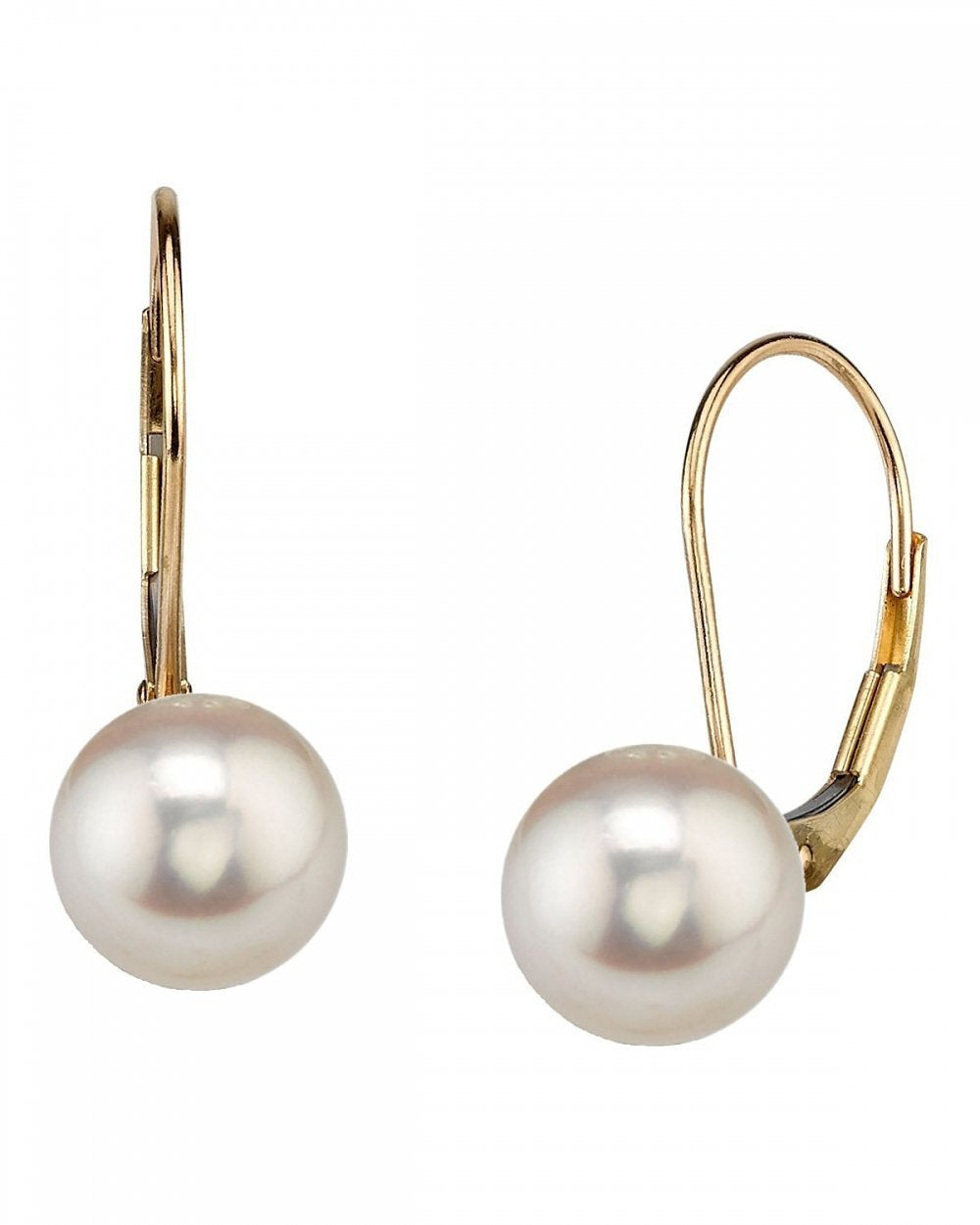 THE PEARL SOURCE Leverback Pearl Earrings for Women, 7-8mm AAA Grade White Freshwater Cultured Pearls in 14K Yellow Gold, Genuine Cultured Pearls, Classic Fine Jewelry Gift for Women