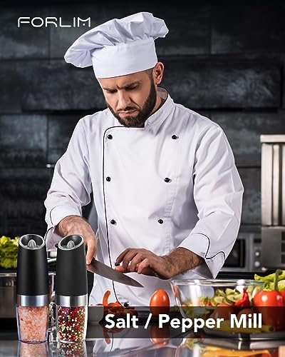 FORLIM Gravity Electric Salt and Pepper Grinder Set, Automatic Pepper Grinder Shakers Mill, Upgraded Batteries Powered Adjustable Coarseness with LED, One Hand Operation Perfect for Kitchen