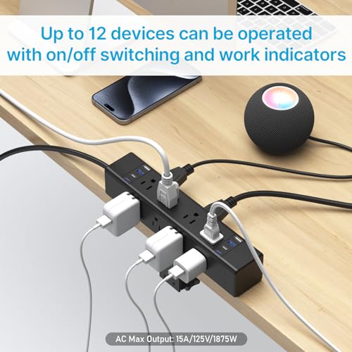 CCCEI Desk Outlet Station 20W USB C Port. 12 Outlet Desktop Clamp Power Strip Surge Protector 4800J with Switch. Nightstand Office Standing Desk Accessories, Fit Thicker Table Edge or Screw Mount, 6FT