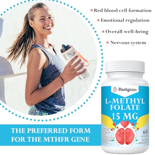Basigano 15mg L Methylfolate (5-MTHF)- Active Folic Acid-Enriched with Vitamins B6 and B12-60 Vegetarian Capsules - Non-GMO, Gluten-Free
