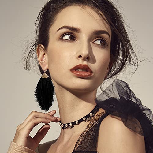 Seakuur Bohemian Silky Thread Fan Fringe Tassel Statement Earrings Lightweight Strand Feather Shape Dangles Earring Necklace Set for Women (Black)