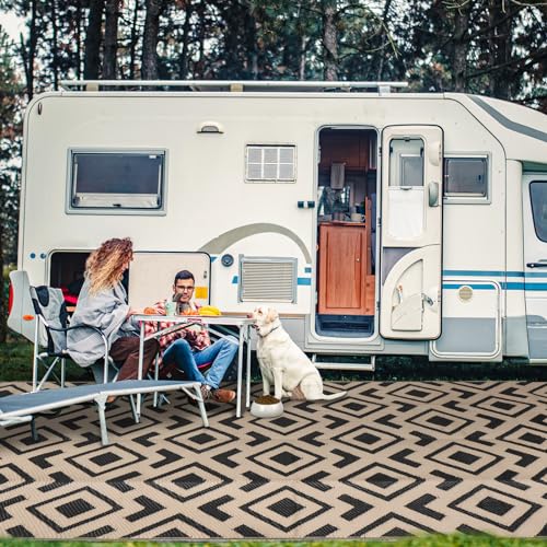 wikiwiki Outdoor Rug, 5x8ft Waterproof Reversible Mat Indoor Outdoor Rugs Carpet, Small Area Rug Plastic Straw Rug for Patio Deck Balcony Pool RV Camping Beach Picnic, Black & Beige