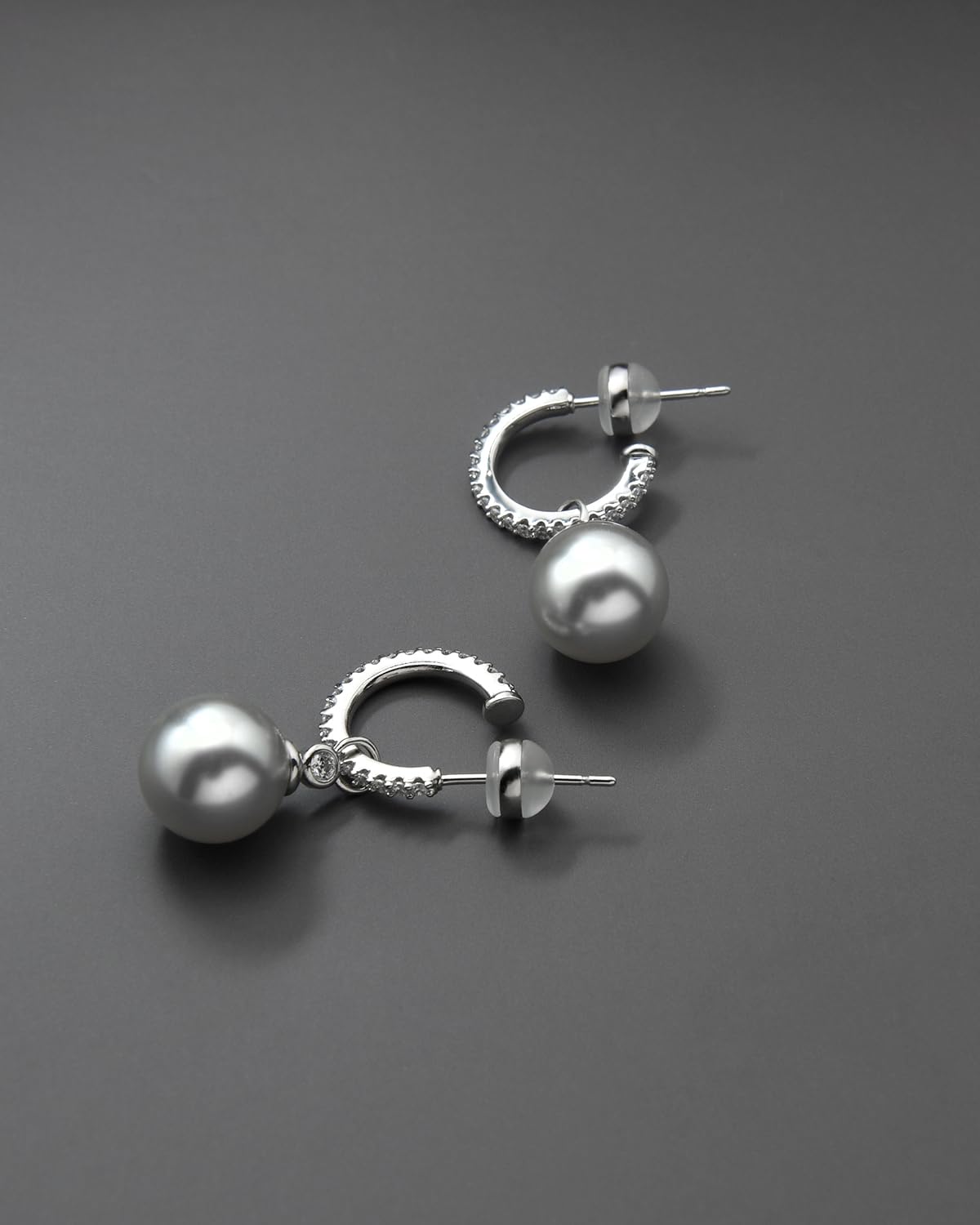 KZZENKI Grey Pearl Earrings for Women, Sterling Silver Post Drop Earrings, Open Hoop Peal Dangle Earrings Bridal Jewelry Gift