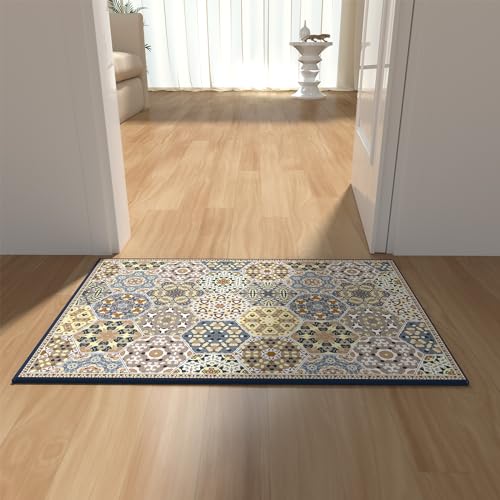 JUSTWOOF Machine Washable Boho Area Rug,2x3 Entry Rug Non-Slip Indoor Door Mat,Non-Shedding Faux Wool Low-Pile Throw Rugs for Bedroom Kitchen Entryway Bathroom Decor(Blue, 2x3ft)