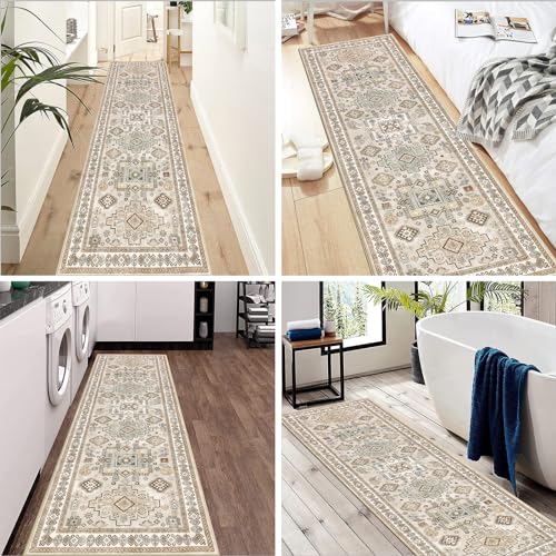 Pauwer Runner Rug 2x6 Non-Slip Washable Low-Pile Accent Rug, Vintage Distressed Throw Carpet, Hallway Kitchen Mat Non-Shedding, Living Room Entryway Foyer Bedroom Area Rug(Beige, 2'x6' Ft)