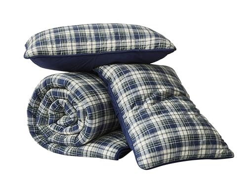 Chezmoi Collection Chad 2-Piece Printed Plaid Cotton Quilt Set Twin Size - Blue Green Light Beige Plaid - Stone Washed Cotton Breathable Lightweight Bedspread Set
