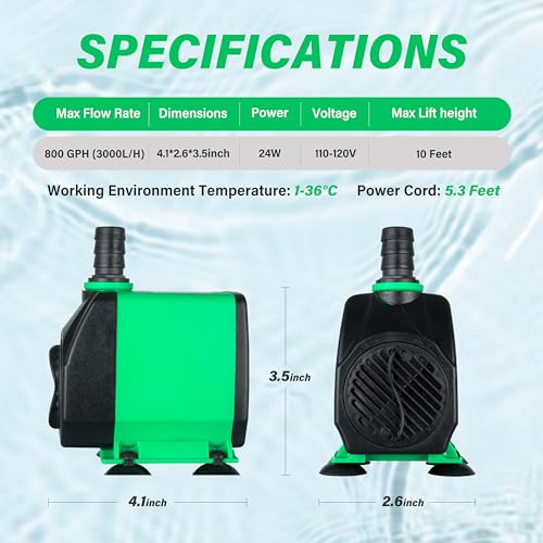 YSSOA 660GPH Submersible Water Pump (2500L/H, 45W) with Bottom Suction, 8.2ft High Lift, 3 Nozzles - Perfect for Fish Tank, Pond, Aquarium, Hydroponics