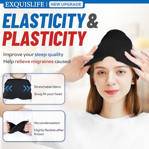 EXQUISLIFE Migraine Ice Head Wrap, Headache Relief Hat for Migraine Cap, Hot and Cold Therapy, Headache Eyes Mask for Sinus, Puffy Eyes, Tension and Stress Relief (Black)