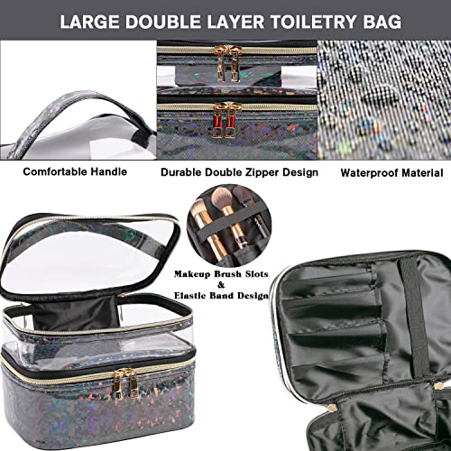 FITINI 3 Pieces Makeup Bags Double Layer Travel Large Holographic Cosmetic Cases Organizer Toiletry Bags Waterproof Small Zipper Pouch for Women Makeup Brush Storage Bag,Black