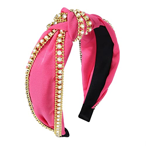 Rhinestone Knotted Headband Sparkle Rhinestone Chain Top Knot Headband for Women Girls White Black Hot Pink Wide Hairband Headpiece Hair Accessories Gift (black rhinestone chain headband)