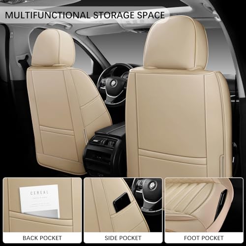 WENNFOUR Car Seat Covers Front Seats, Universal Nappa Leather Seat Covers with Headrest Pillow for Most Vehicles SUV Pick-up Truck, Full Coverage Automotive Seats Protector Fit for 2 Seats, Beige