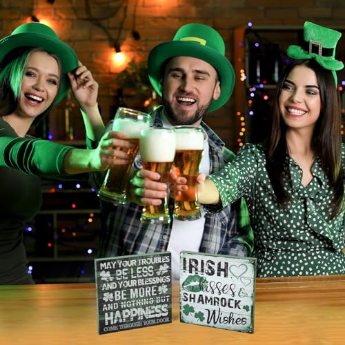 2 Pieces St Patrick's Day Decorations Shamrock Wood Blessing Box Signs Irish Table Decor Wood Block Plaque (7×7 inch, Green 2PCS)