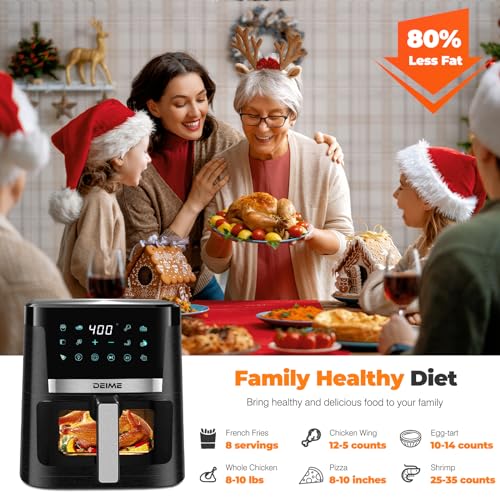 DEIME Air Fryer 7.5 QT 1700W Oilless Oven Healthy Cooker Air Fryers Large Capacity with 12 Presets, Visible Cooking Window, LCD Touch Screen, Customerizable Cooking, Non-Stick Basket (Black)