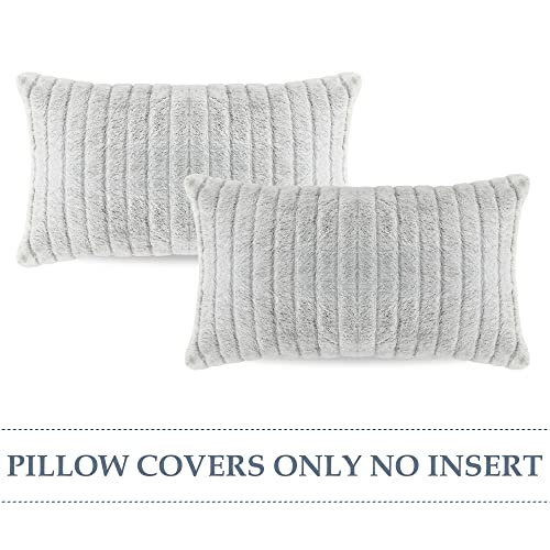 Mary Hatch Blush Pink Faux Fur Decorative Pillow Covers 12x20 inch Soft Lumbar Pillow Covers for Living Room Luxury Fuzzy Throw Pillow Cases Striped Fluffy Cushion Covers for Bed Sofa Chair Set of 2