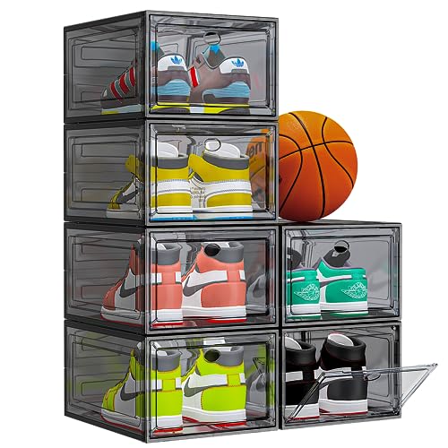 Thicken & Sturdy Clear Shoe Storage Organizer with Magnetic Door, Stackable Boxes for Closet, Foldable Space-Saving Shoe Rack for Sneaker Boot Container, Plastic Shoe Cabinet Shoe Box 6 Pack, Black