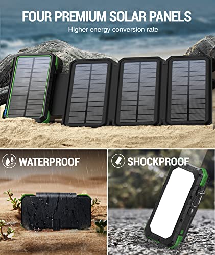 BLAVOR Solar Charger Power Bank, PD 18W Fast Charging 20000mAh Battery Pack with 4 Foldable Panels, Portable Solar Powered USB C Charger with Camping Flashlight Compass Carabiner for Cell Phone