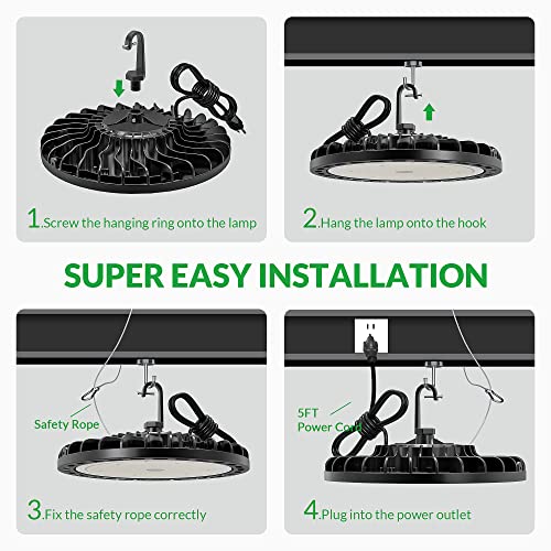 Flakeeper LED High Bay Light 100W 14000 LM with US Plug 5ft Cable, 5000K Daylight, IP65 Waterproof, UFO Commercial Industrial Warehouse Workshop Factory Barn Garage Area Lighting Fixture, 2PCS