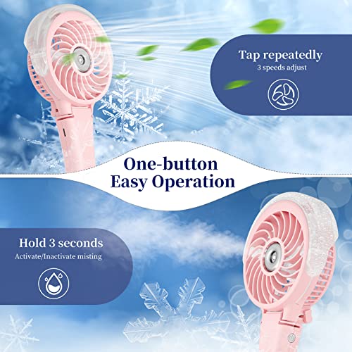 HandFan 2023 Upgraded Portable Misting Fan, 34ml Handheld Personal Mister Fan Rechargeable, Battery Operated Spray Water Mist Fan, Mini Electric Cooling Fans for Makeup Travel Outdoors Disney(Pink)