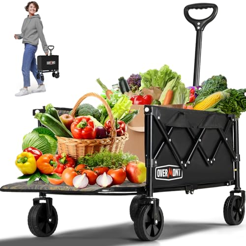 OVERMONT Collapsible Foldable Wagon Cart - 220lbs Extended Heavy Duty Folding Utility Wagons with Wheels - 100L Lightweight Garden Grocery Cart for Shopping, Grocery,Sports,Garden