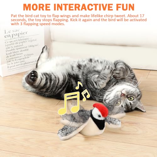Tocirelo Flapping Bird Cat Toy - Chirping Bird Cat Toy Flapping Wings for Bored Indoor Cats, Interactive Simulated Flying and Realistic Flappy Bird, Touch Activated 7.1" Kitten Kicker Toy with Catnip