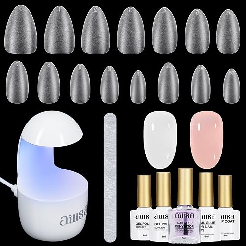 AILLSA Gel Nail Kit XS Almond Nail Tips 240pcs with Nail Glue Base Top Coat and Nail Dehydrator, All-In-1 Beginner Red White Gel Polish Kit with Mini Nail Light for Christmas