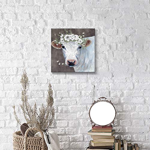 White Cow Picture Wall Art: Abstract Animal Artwork Painting on Canvas for Bathroom (12" W x 12" H, Multiple Sizes/Material)