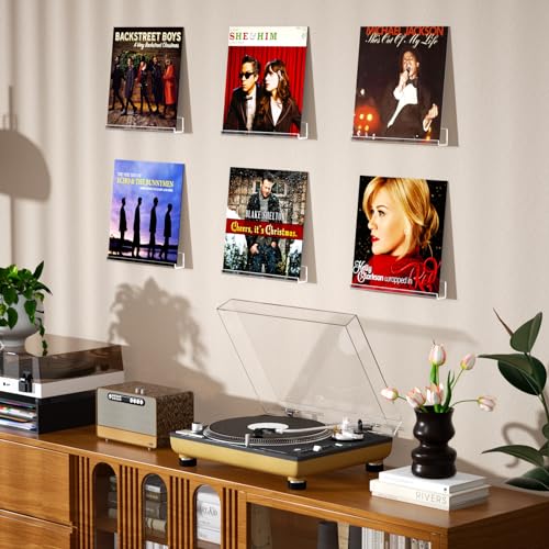 NIUBEE Acrylic Vinyl Record Holder Wall Mounted Rack (Drilled Mounting, Black)