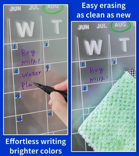 Magnetic Acrylic Calendar for Fridge, 16"x12" Clear Set of 2 Dry Erase Board Calendar for Fridge Reusable Planner, includes 8 Highlight Markers, Magnetic Pen Holder, 2 Nail-free Stickers and Towel