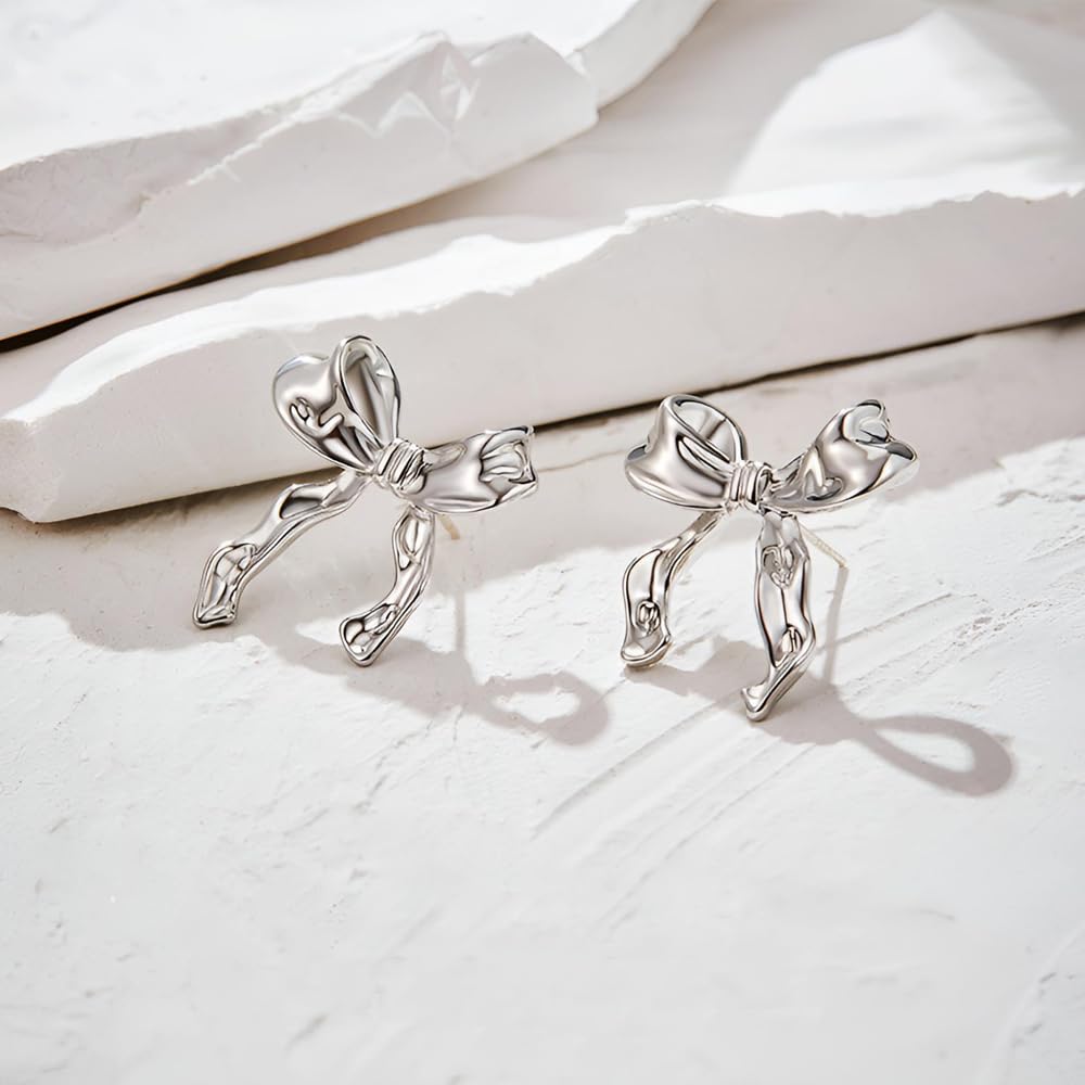 TONLUYAX Silver Bow Earrings Women Girls Ribbon Stud Earrings Hypoallergenic Bowknot Earrings Gift