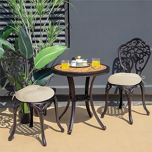 downluxe Bistro Chair Cushions for Patio Furniture, Water-Resistant Round Outdoor Chair Cushions Set of 2 with Non-Slip Ties, 15" x 15", Beige