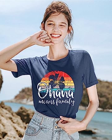 Hawaiian Shirts Women Ohana Means Family Shirt Hawaii Tropical Graphic Tees Summer Beach Tops Vacation Camping Outfits Blue