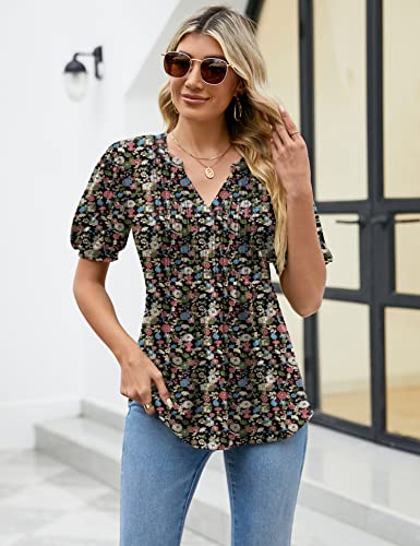 LOMON Summer T-Shirts for Women Puff Short Sleeve Tunics Tops Smocked V Neck Floral Blouse(Pink+Floral,L)