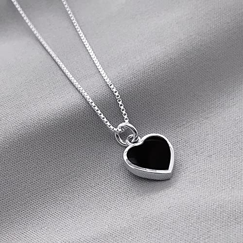 Black Heart Necklace, Tiny and Dainty Sterling Silver Black Onyx Heart Necklace for Women, Black Onyx Pendant Necklace, Layering Necklace (black onyx heart necklace, 14" + 2" extender)