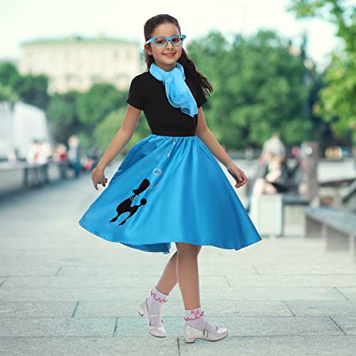 Rabtero Kids Sock Hop Costume, Girls 1950s Dress Costume, 50's Poodle Skirt with Scarf, Glasses and Socks for Girls 4-6, Small, Blue
