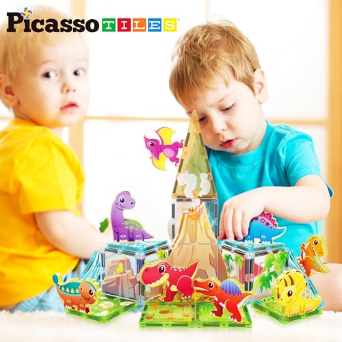 PicassoTiles Magnet Tile Building Blocks Dinosaur World Themed Playset with 8 Animal Character Action Figures Magnetic Tiles STEM Learning Pretend Play Toy Construction Set Boys Girls Ages 3+ PTQ23