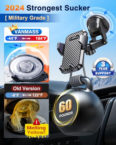 VANMASS 【65+LBS Strongest Suction & Military-Grade 2024 Ultimate Car Phone Mount【Patent & Safety Certs】 Cell Phone Holder Truck Stand for Dashboard Windshield Vent for iPhone 15 Pro Max 14 Samsung