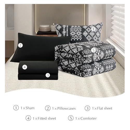 Geniospin Twin Comforter Set - 5 Pieces Comforters Twin Size, Fluffy Boho Bedding Sets for All Seasons, Bed in a Bag with Flat Sheet and Fitted Sheet, Pillowcase & Sham (Black and White, 66''x86'')