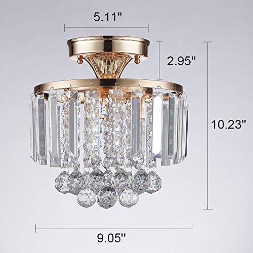 MonDaufie Mini Gold Crystal Chandelier,Semi Flush Mount Crystal Ceiling Light Fixture,French Gold Crystal Closet Mini Ceiling Light Fixture for Hallway Entryway Living Room Bedroom, H10.23 xD9.05