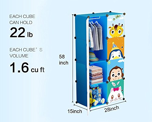 MAGINELS Children Wardrobe Kid Dresser Cute Baby Portable Closet Bedroom Armoire Clothes Hanging Storage Rack Cube Organizer(Blue, 6 Cube & 1 Rod)