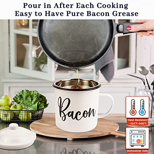 Bacon Grease Container with Strainer - With Food-Grade Silicone Spatula, 24oz Enamel Rustic Farmhouse Fat Container, Keeper, Recipes, Dishwasher Safe