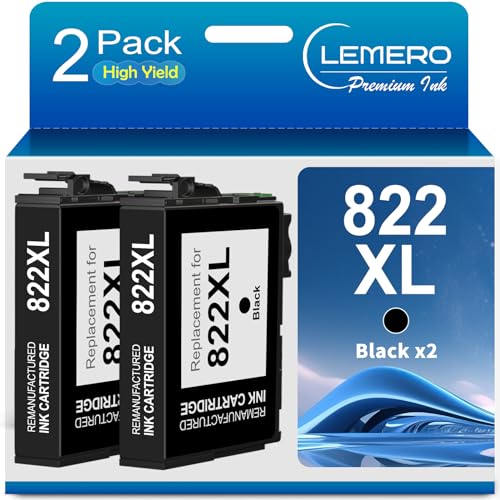 LEMERO Remanufactured 822 822XL Black Ink Cartridges Replacement for Epson 822XL Ink Cartridges Black Only 822 XL T822 Works with Workforce Pro WF-3820, WF-3823, WF-4820, WF-4830, WF-4833, WF-4834