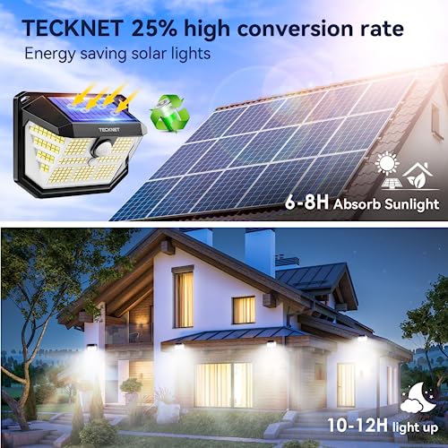 TECKNET 231 LED Solar Lights for Outside, 2 Pack 300°Solar Motion Lights Outdoor with 3 Lighting Modes, IP65 Waterproof PIR Outdoor Motion Sensor Light for Front Door, Fence, Garden, Yard, Garage