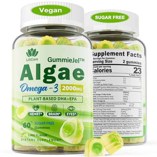 Vegan Omega 3 Supplement Gummies 1100mg, Algae Omega 3 DHA 640mg & EPA 290mg from Marine, with CoQ10, Astaxanthin, Vitamin E, A, D3 for Brain, Eye, Joint, Fish Oil Supplements Alternative, Sugar Free