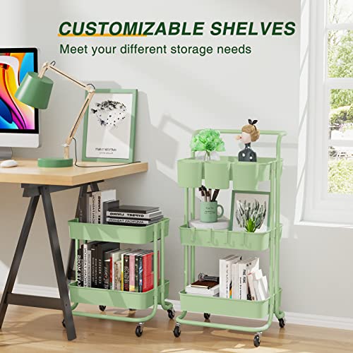 LEHOM 3-Tier Rolling Mobile Utility Cart with Hanging Cups & Hooks & Handle Multifunctional Organizer Storage Trolley Service Cart with Wheels Easy Assembly for Office, Bathroom, Kitchen (Green)