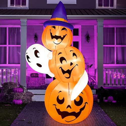 Joiedomi 6 FT Tall Halloween Inflatable Outdoor Decorations, Pumpkin Inflatable Halloween Decor Outdoor, Halloween Blow Ups Ghost and Pumpkins with Witch Hat for Cute Halloween Decorations Outdoor