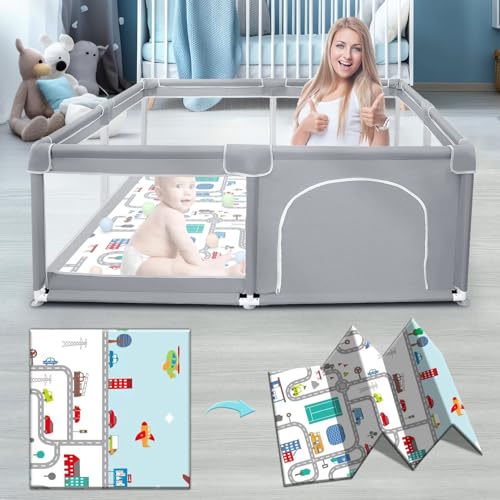 Fshibila 50" ×50" Baby Playpen, Baby Playard for Babies and Toddlers, Baby Fence Play Pens for Indoor & Outdoor, Sturdy Safety Play Yard with Soft Breathable Mesh, Anti-Fall, Grey